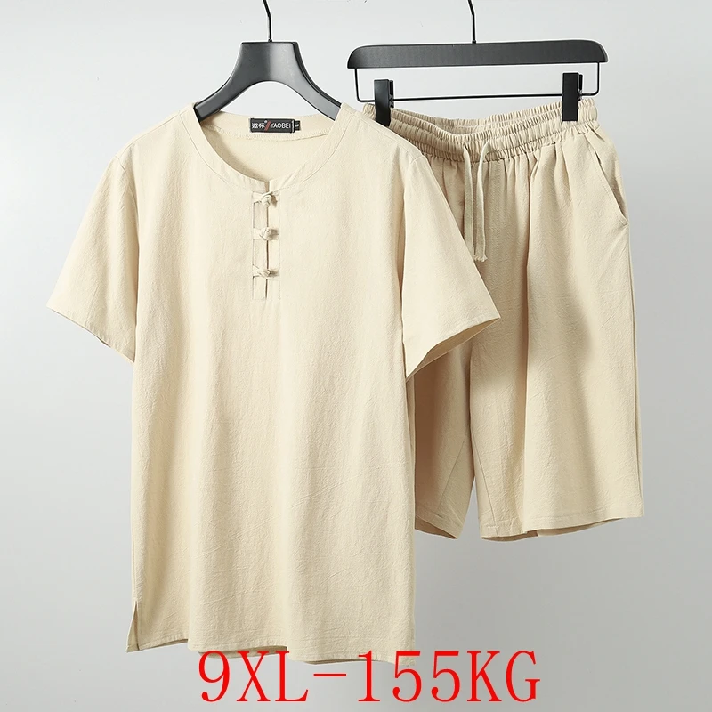 Summer Plus Size Men's Casual Cotton Linen Suit 155kg 9XL 8XL 7XL 6XL Fashion Short Sleeve Loose Five Point Shorts Two Piece Set