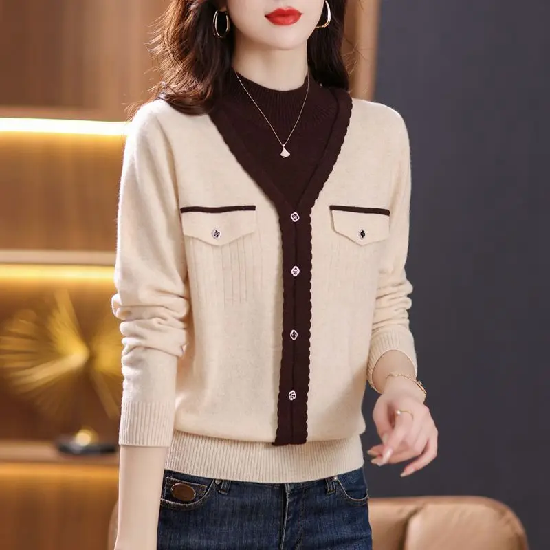 

Autumn Winter New Half High Collar Fake Two Piece Slim Pullover Sweater Women's Colorful Button Versatile Knit Long Sleeved Top