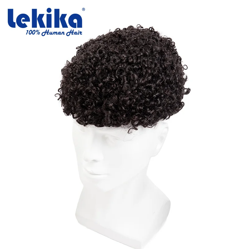 Afro Curly Toupee para homens negros, prótese de cabelo masculino, perucas duráveis, 100% cabelo humano, 0.1mm Injection Skin Wig, 10mm