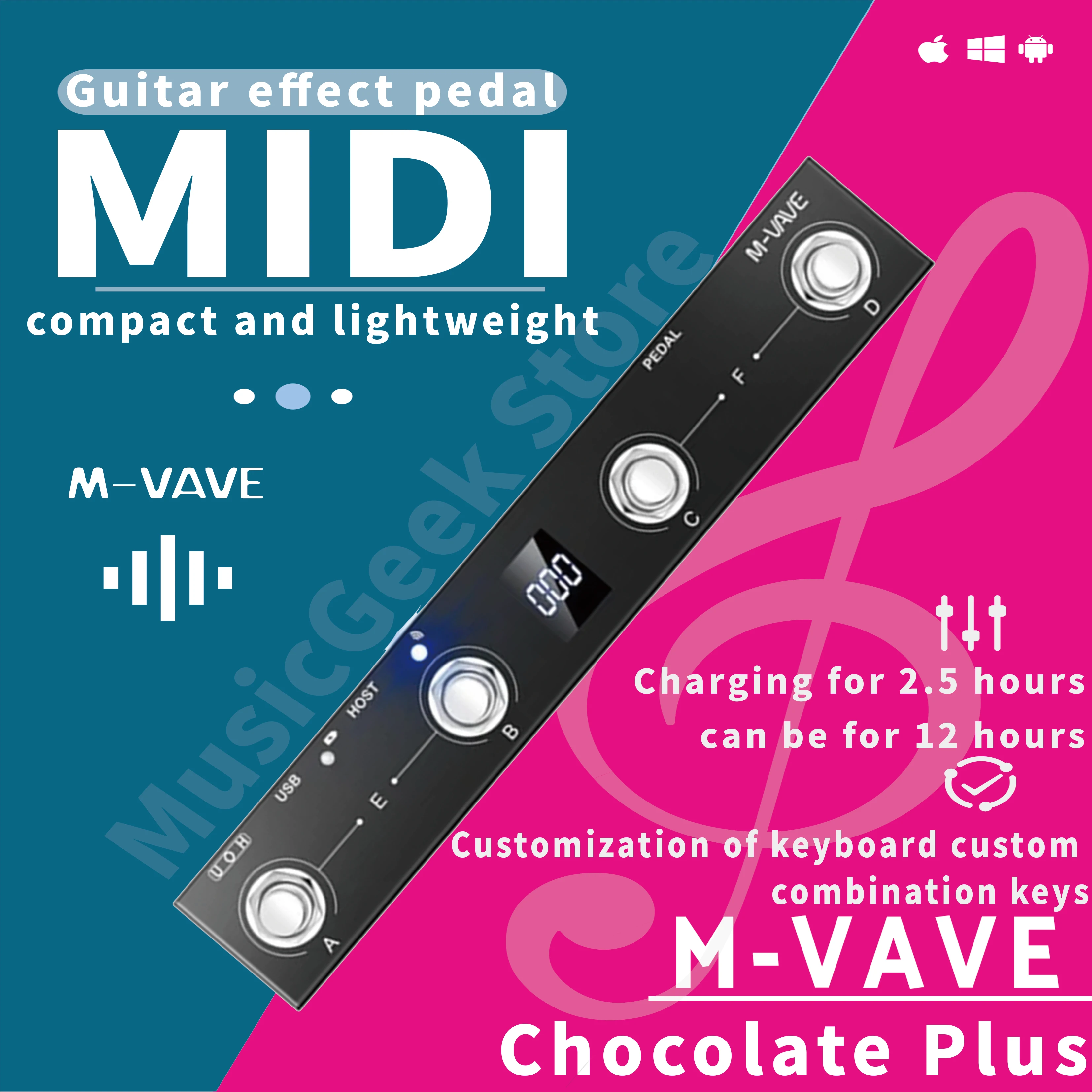 Беспроводной MIDI-контроллер M-VAVE Chocolate Plus, 4-кнопочный педальный переключатель с MIDI-хост-интерфейсом и USB, для управления клавиатурой