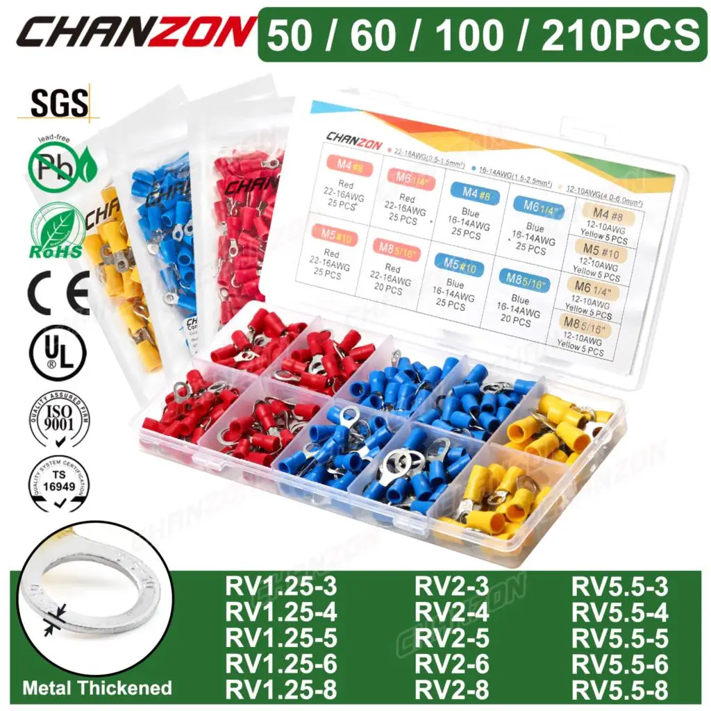 

Изолированные электрические кольцевые обжимные соединители Rv1.25 Rv2 Rv5, комплект клемм для кабеля, обжимной инструмент для проводки, красный, синий, желтый, 22-10Awg