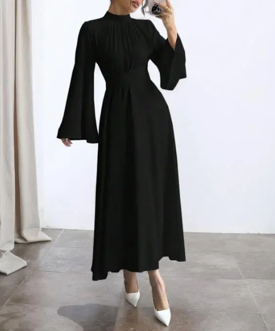 

Women's Dress Spring Slim Fit New Style French Temperament Elegant Stand Collar Trumpet Sleeve Design High Waisted Banquet Dress