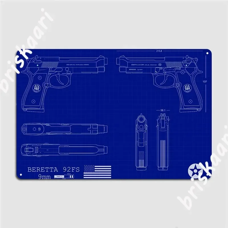 Berettas 92fs 9 Mm Blue Metal Sign Club Bar Wall Plaque Cinema Kitchen Retro Tin Sign Poster