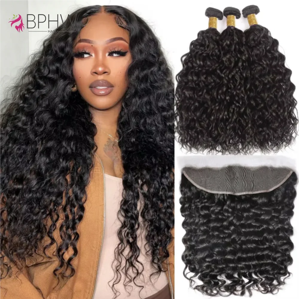 

Water Wave 3 пучка с кружевом 13x4 спереди Влажные и волнистые девственные вьющиеся свободные глубокие волны Пучки 100% человеческих волос с застежкой 4x4