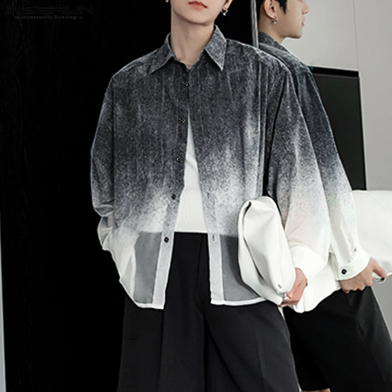 

INCERUN Мужская рубашка Tie Dye с градиентными лацканами и длинным рукавом, свободная мужская одежда, уличная одежда, модные повседневные мужские топы 2025, рубашки S-5XL