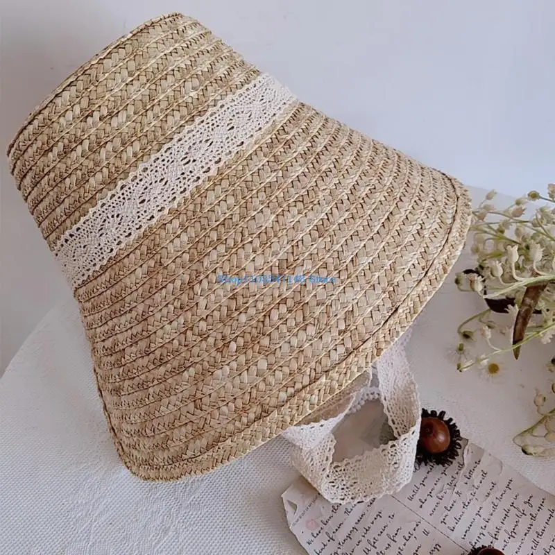 

P88B Women French Straw Hat Laceup LolitaStyle Sun Protective Hat Large Brim Headwear