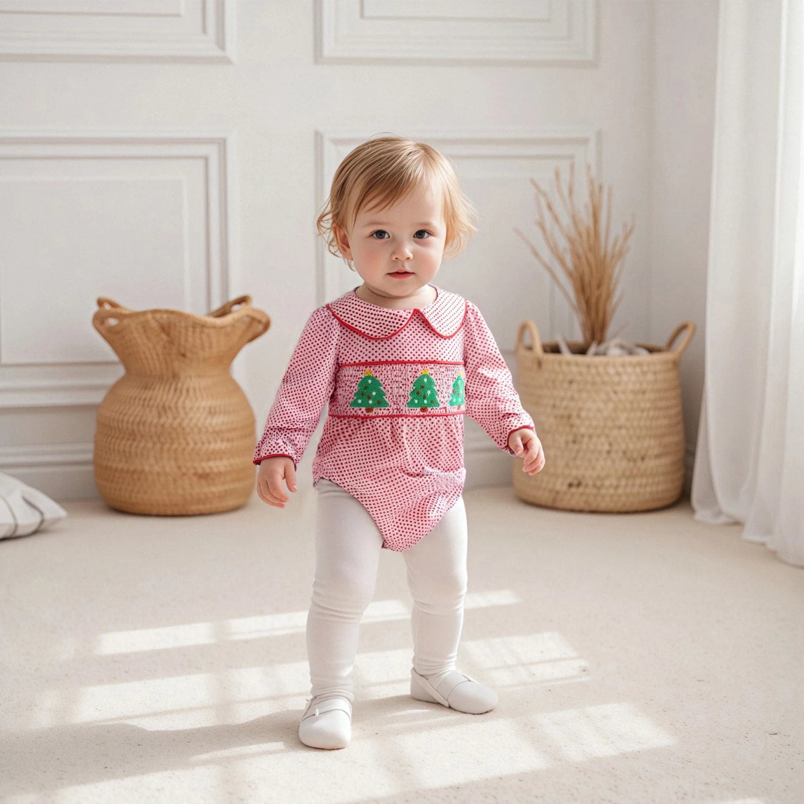 طفل الفتيات عيد الميلاد رومبير نقطة طباعة شجرة التطريز طويلة الأكمام دمية طوق بذلة