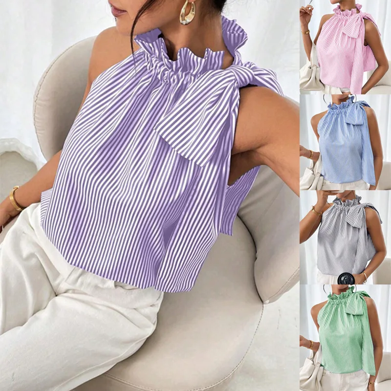 Women's Blouses Summer Fashion Bow Sleeveless Striped Lace Turtleneck Tethered T-shirt Top For Women Casual Pullover Shirts New