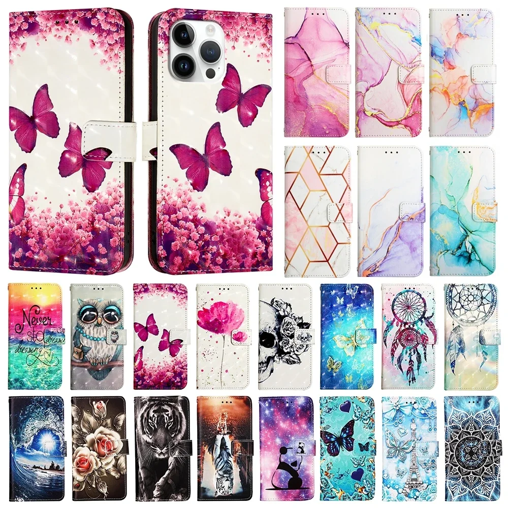 Cute Painted PU Leather Flip Case on For Samsung Galaxy Note 20 Ultra 10 Lite 9 8 S9 S8 Plus Wallet Book Cover Card Holder Strap