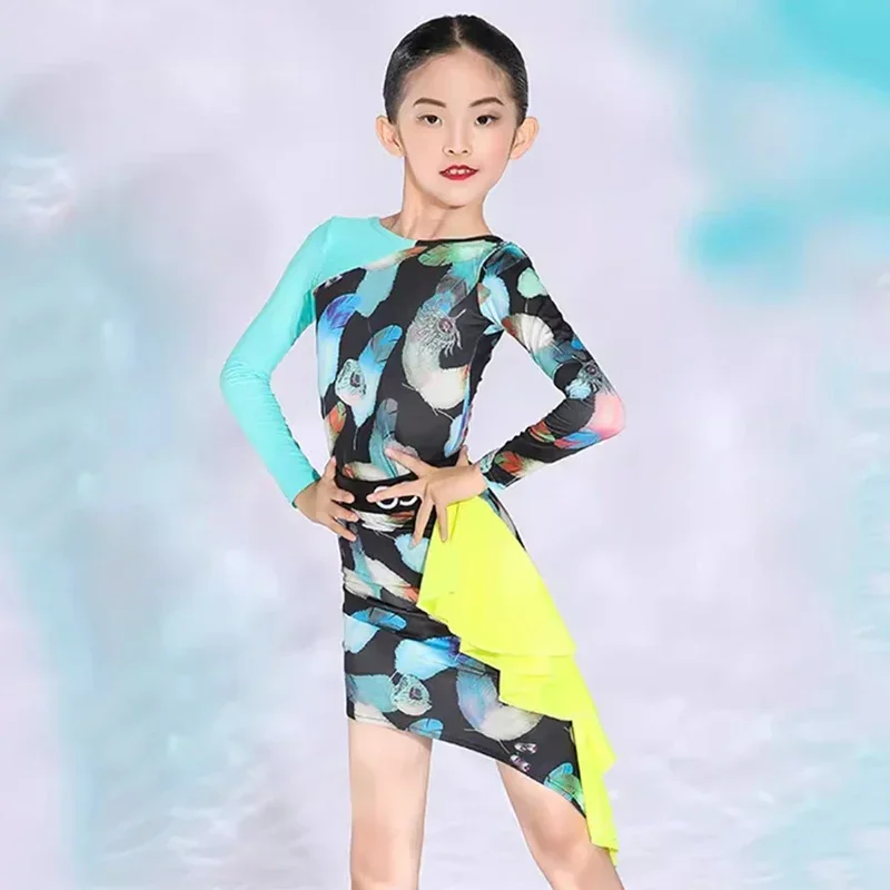 Latin Dance Dress Female Kids Dancing Practice Clothing Long Sleeve Printed Dress For Girls Samba Rumba Salsa Costume BL11993