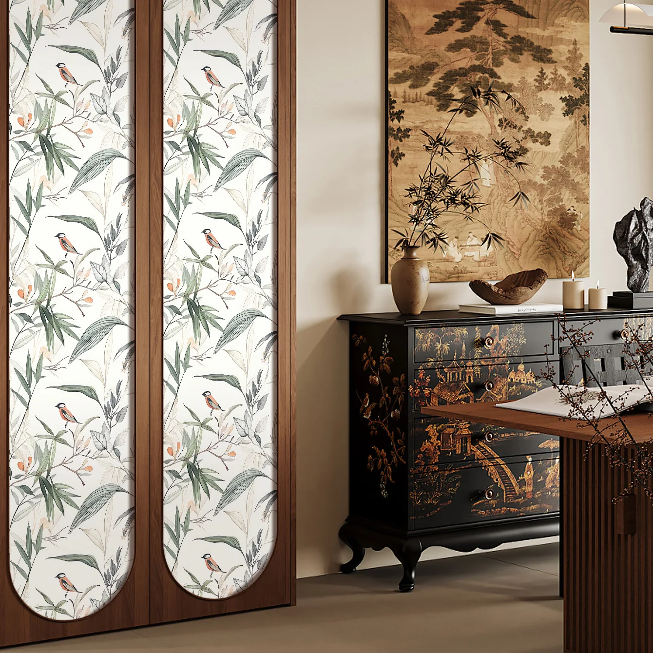 ورق جدران قابل للتقشير واللصق على شكل زهور أوراق خضراء ورق اتصال للطيور DIY ورق حائط ذاتي اللصق قابل للإزالة لفة الفينيل للخزانة #3