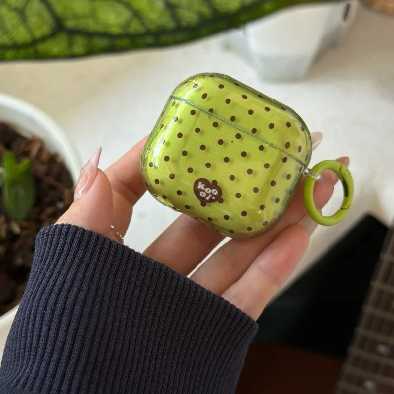 

Korean Ins-style Transparent Green Polka Dot With Hook Shock Proof Earphone Cover Case for AirPods 1 or 2 3 4 Pro 2 Pro 3