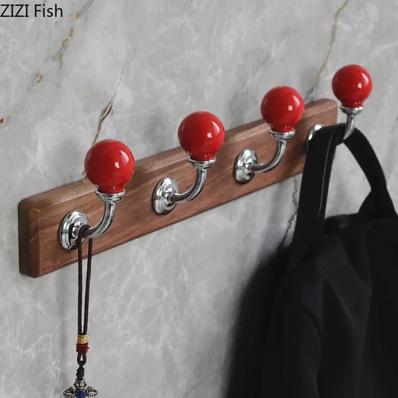 Colorful Ceramic Ball Wooden Hook Decorative Hooks Wall Storage Rack Clothing Hat Hook Key Shelf Bag Hooks Home Organizer