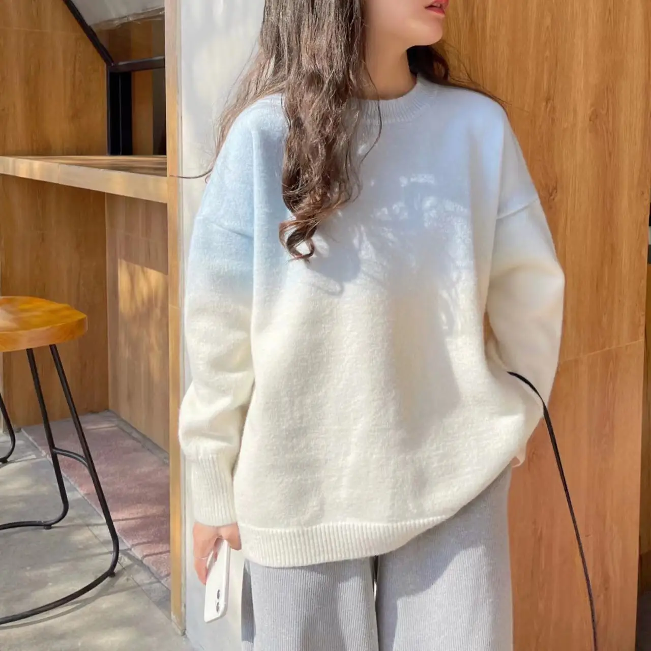 

Elegant Gradient Knitted Sweater Women Casual Loose Jumpers Female Autumn Winter O Neck Loose Warm Tops Korean 2025 Pullover