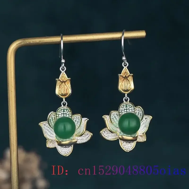 

Green Jade Lotus Earrings Natural Amulet Gemstone 925 Silver Zircon Jewelry Women Fashion Crystal Chalcedony Gifts