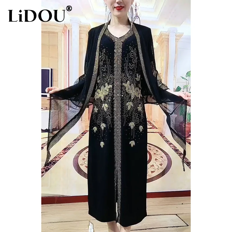 Spring Summer New Dress Sets Women V-neck Short Sleeve Rhinestone Embroidered Patchwork Vintage Dress Three Quarter Cardigan