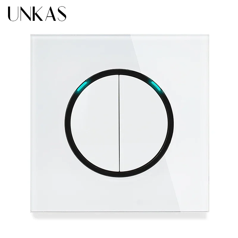 UNKAS Grey 1 2 3 4 Gang 1 / 2 Way Random Click on / Off Pass Through Wall Light Switch LED Indicator Gray Crystal Glass Panel image 3