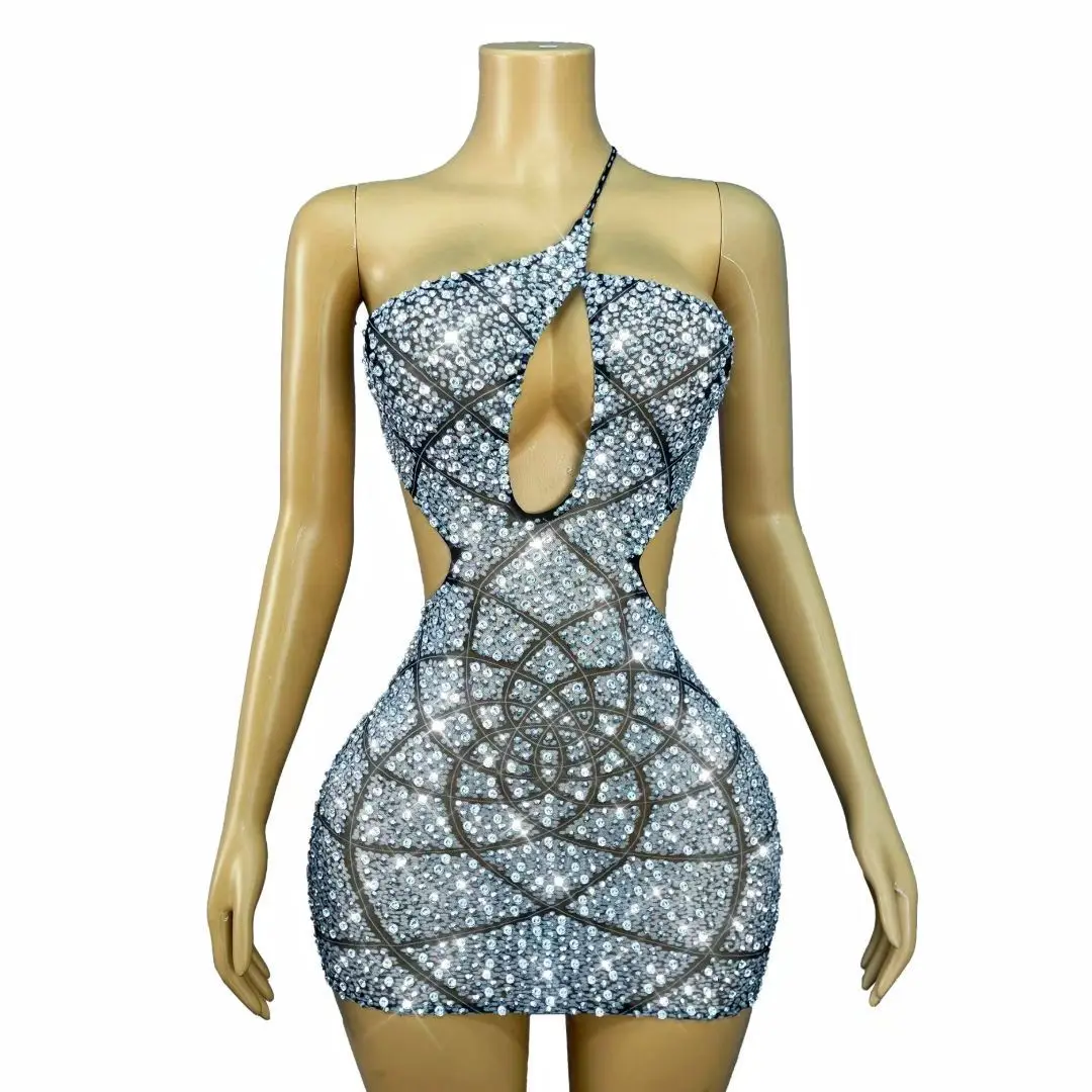 Vrouwen Sexy Glanzende Diamanten Steentjes Gedrukt Bodycon Mini Uitgesneden Jurk Avond Club Party Nightbar DJ Gogo Podiumkostuums