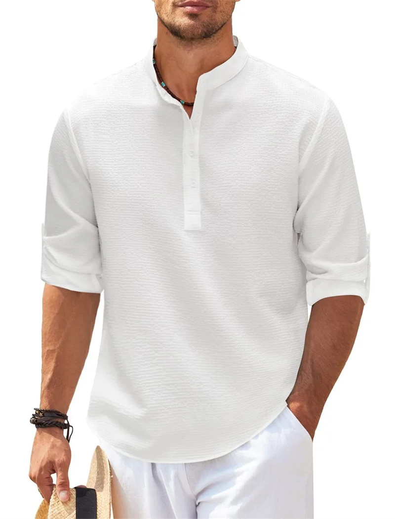 Camisa de tecido xadrez de abacaxi masculina, gola alta, pulôver de emenda de botão, blusa solta de manga longa, tops casuais diários masculinos, outono