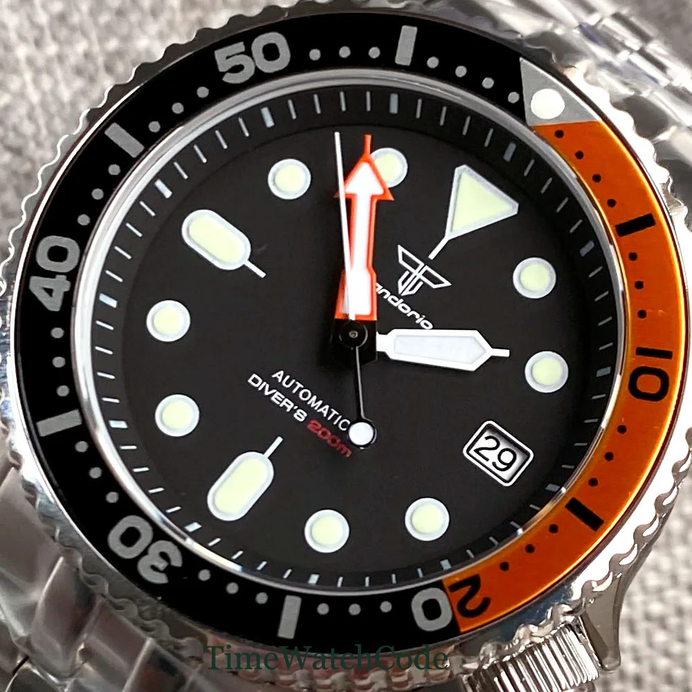 Tandorio Diving Automatic Watch for Men NH35A Movement Black Dial Sapphire Crystal 20BAR Waterproof 316L Bracelet 41mm reloj