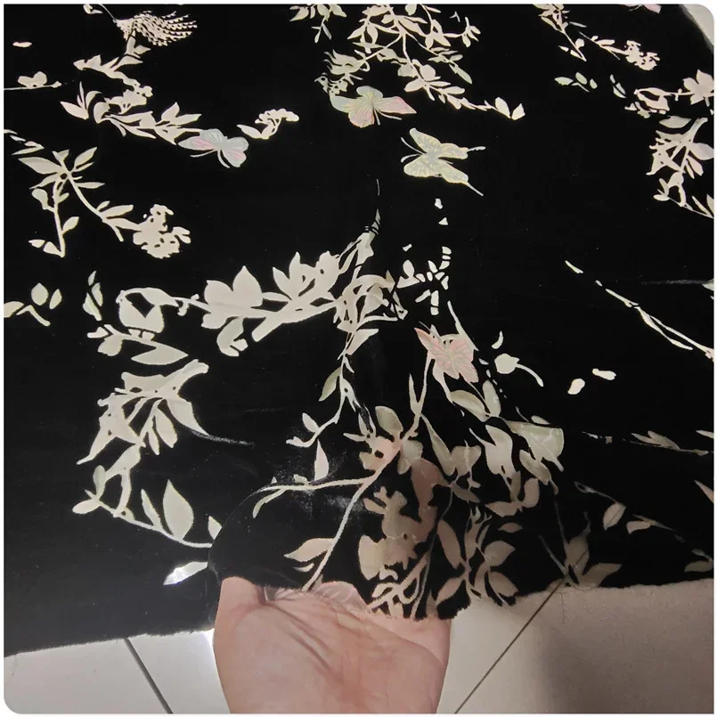 Black Butterfly Hollow Silk Base Silk Velvet Mulberry Silk Velvet Fabric for Dresses, Qipao, and Shirts