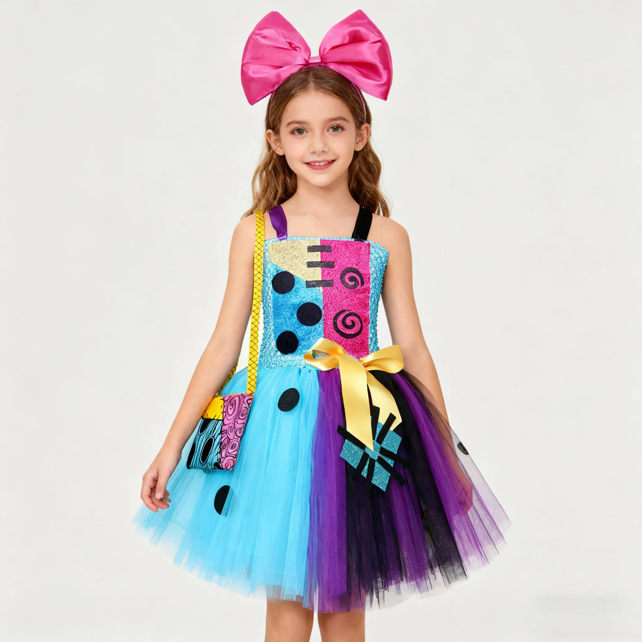 

Halloween Girls Party Dress Mesh Polka Dots Children Clothes For Nightmare Before Christmas Dress Up With Head Wear Bags Costume