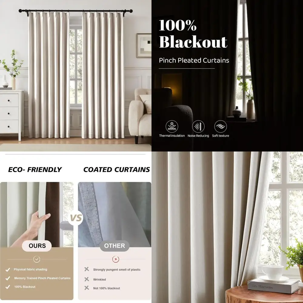 ستائر تعتيم من الكتان العاجي مقاس 40 × 95 مع خطافات، موفرة للطاقة، لوحتين، بطول 95