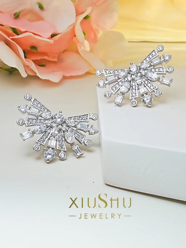 New Flower Earrings 925 Sterling Silver Inlaid Earring Niche Design Versatile Retro Fireworks Style Wedding