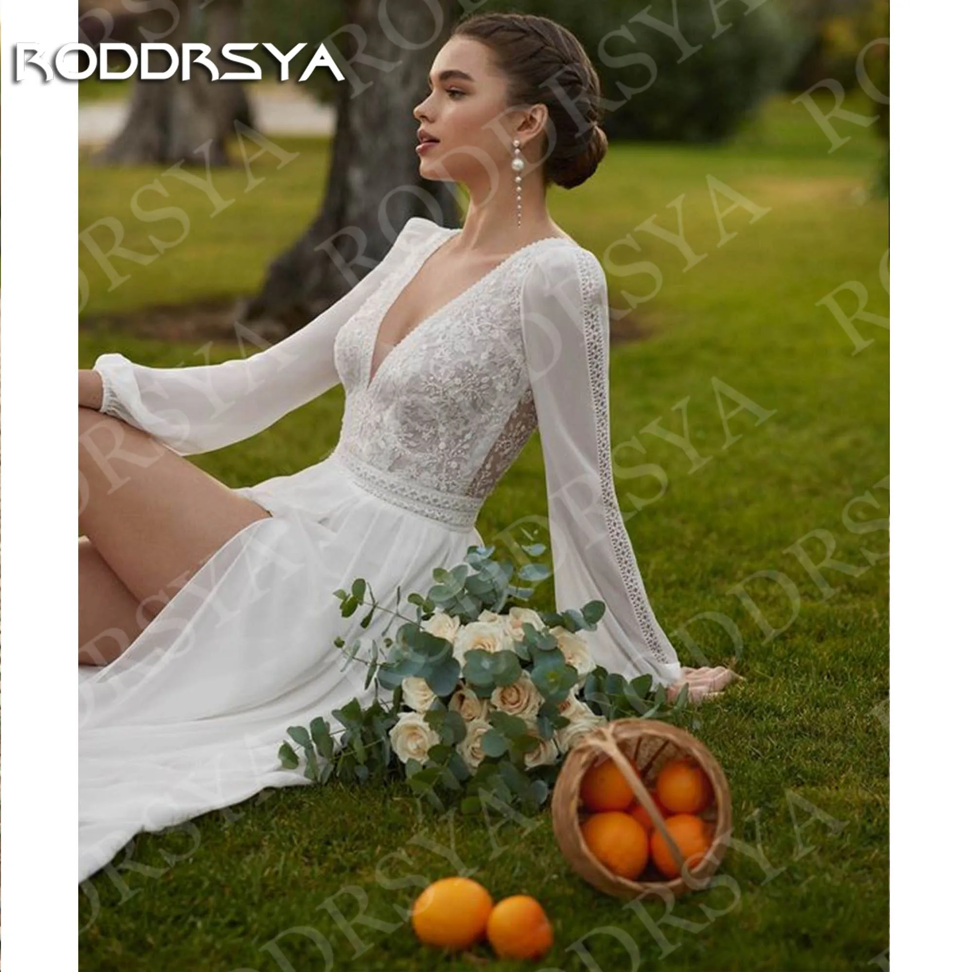 RODDRSYA بوهو فستان الزفاف كم طويل ألف خط أنيق الدانتيل الخامس الرقبة عالية الشق الشيفون فساتين زفاف مخصصة فيستدو دي نوفيا بوهو فستان الزفاف الأكمام الطويل خط أنيق الدانتيل V الرقبة عالية الشق شيفون فساتين العراس مخصصة