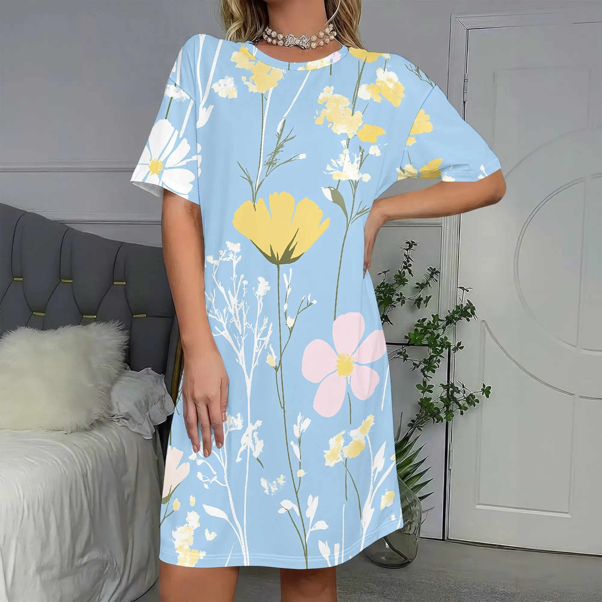 

Floral T-Shirt Dress, Yellow & Pink Flower Print, Blue Summer Casual Wear, S-2XL