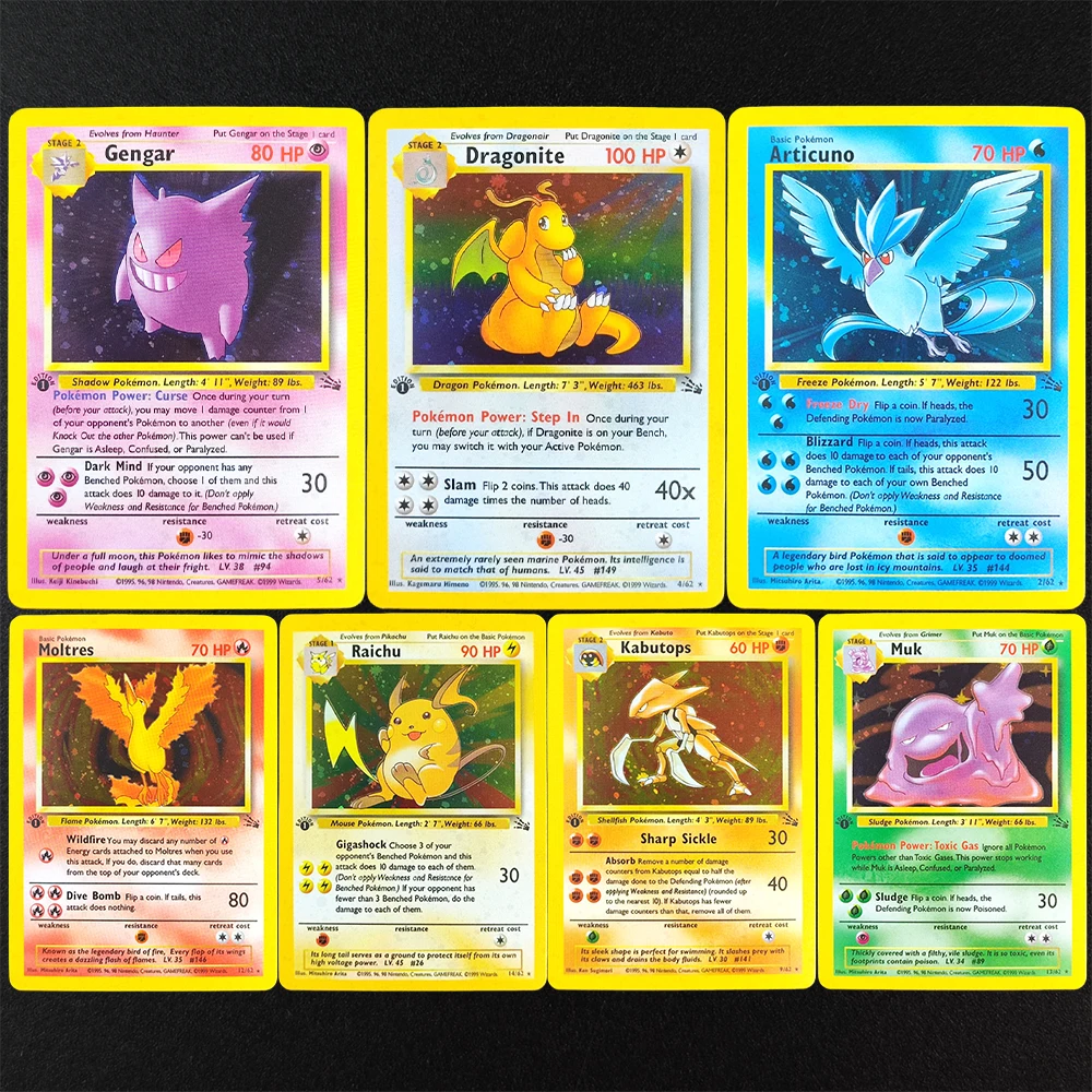 

Самодельная прокси PTCG English Fossil 1st Edition Dragonite Articuno Moltres Gengar Muk Raichu Kabutops Коллекция игр Карточная игрушка