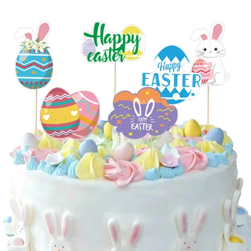 

6Pcs Easter Colourful Chicken Rabbits Eggs Flower Shaped Paper Cute Cake Toppers for Easter Cake Cupcake Dessert Decorations