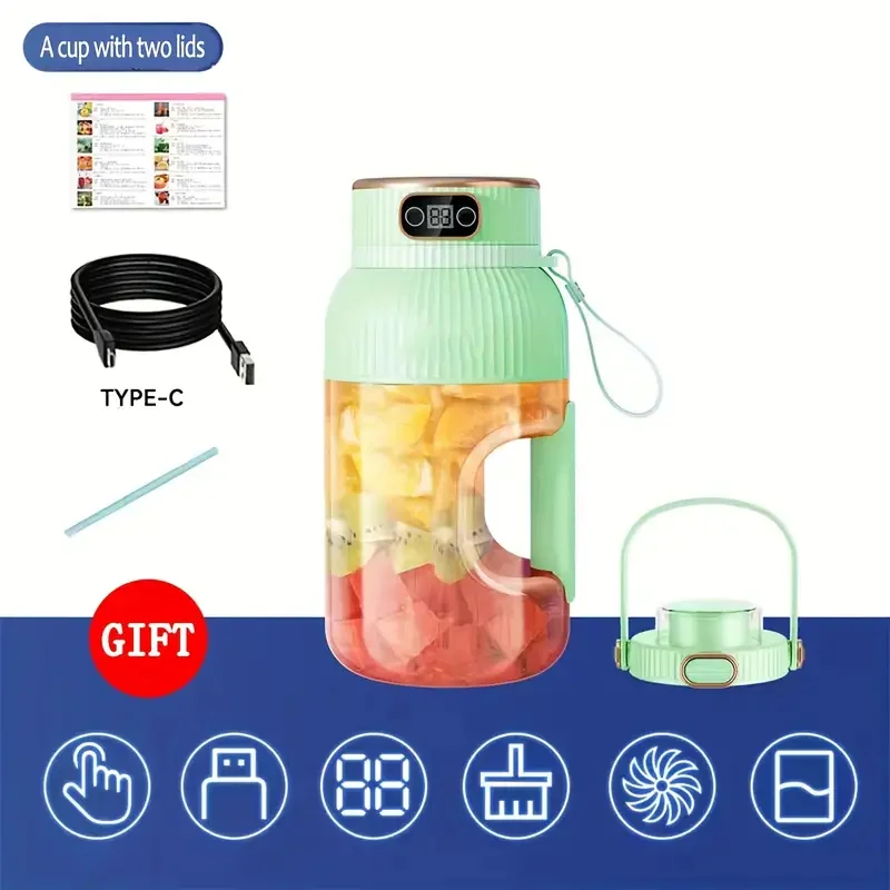 عصارة محمولة Green XL 40.58oz، قابلة لإعادة الشحن عبر USB مع أغطية مزدوجة، قش سيليكون وكابل من النوع C، مثالية للسفر والحياة النشطة