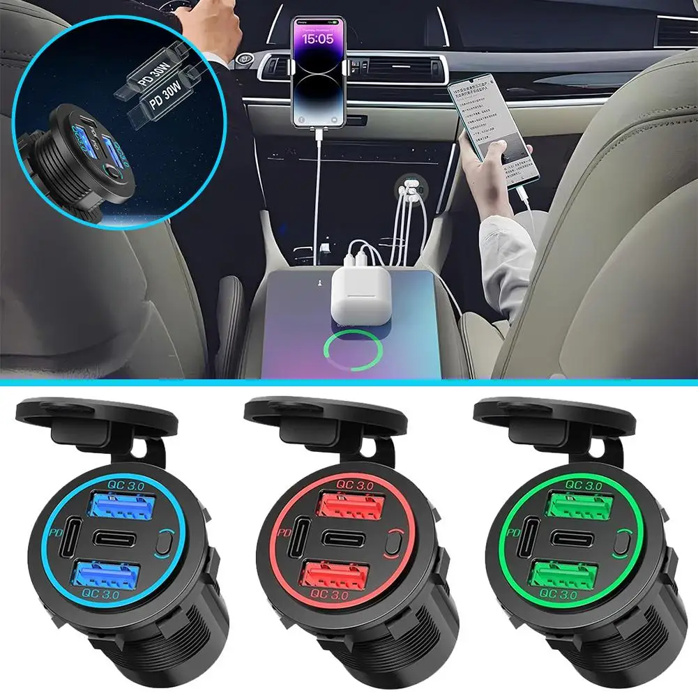 Four Port USB Charger Socket USB-C PD & Dual QC 3.0 For Car Motorcycle With Voltmeter And Power Car Charger