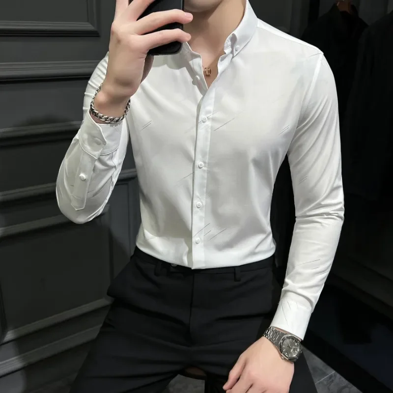 Brand Dark Stripe Shirts Men Autumn Long Sleeve Slim Casual Shirt Fashion Slim Social Business Formal Dress Shirts Men Clothing