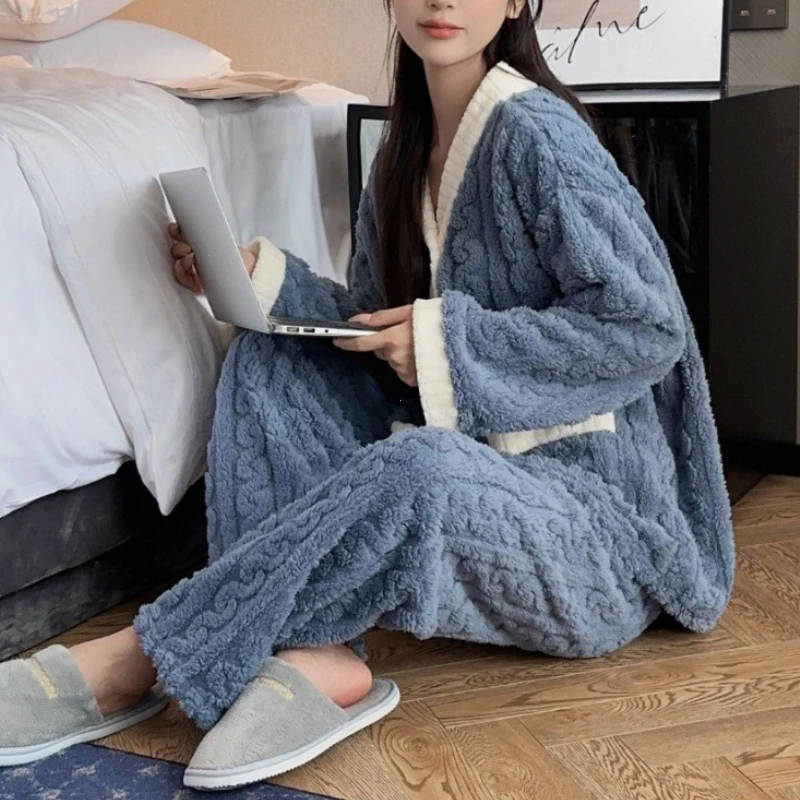 2pcs Women's Autumn Winter Pajamas Set Thickened Padded Warm Coral Velvet Cardigan & Trousers Homewear for Students And Girls