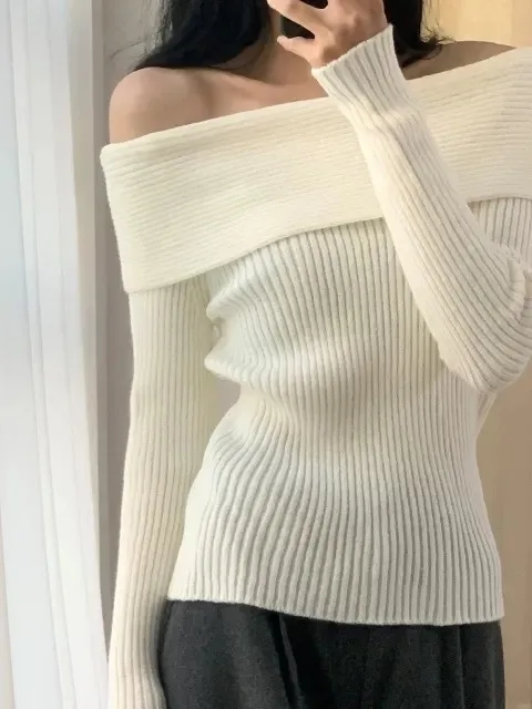Chic Vintage Sle Knitted oulder Bared One-oulder Lazy Sle Slim Fit Autumn Top Women's Faion Casual Long Sve Sweater