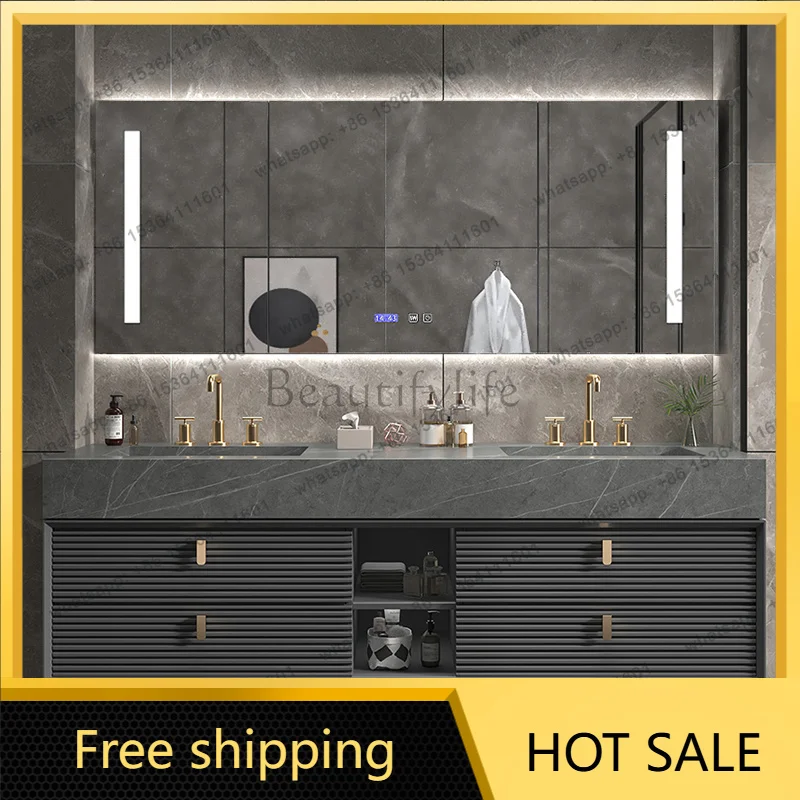 Light Luxury Modern Slate Kit Bathroom Mirror Lamp Cabinet Sink Faucet One-piece