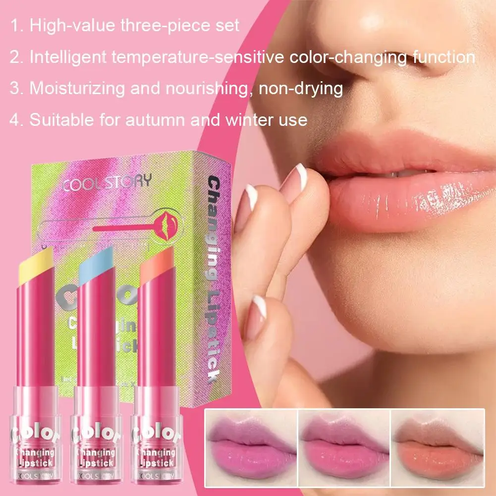 Winter 3PCS Kleurveranderende, hydraterende en warme retentie Blijvende geleidelijk veranderende kleur Lippenstift Make-up K5Z6