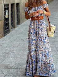 One shoulder off the shoulder collar fashionable flower print dress casual outdoor comfortable short sleeved long casual dress