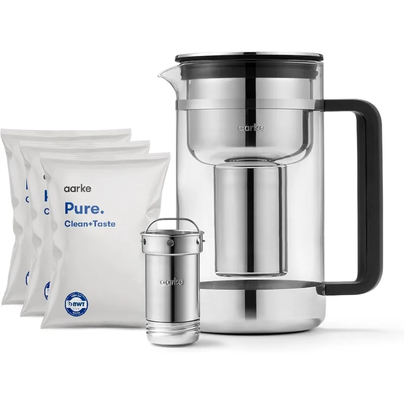 

aarke Purifier Large - 1.66 L Glass Water Filter Pitcher Bundle, Refillable Stainless Steel Filter, BPA-Free