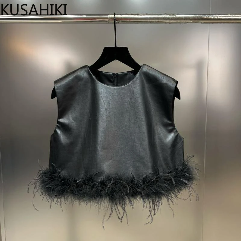 KUSAHIKI Female Autumn Winter Sleeveless Bottom Patchwork Fur Patchwork Short PU Vest Causal Fashion Wmen Waistcoat