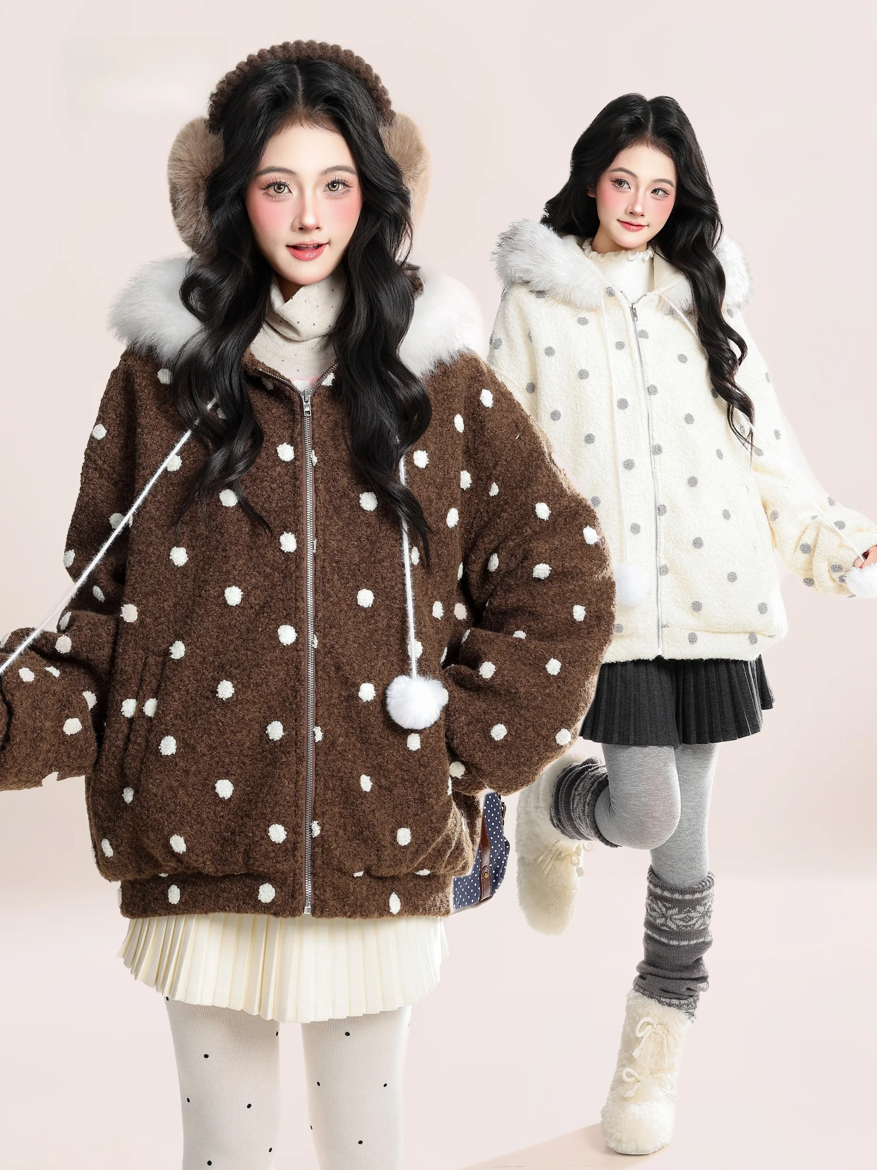 

Женская зимняя куртка HM в корейском ретро-стиле из бархата с принтом в горошек, с капюшоном, свободного кроя, теплая, из хлопка и полиэстера