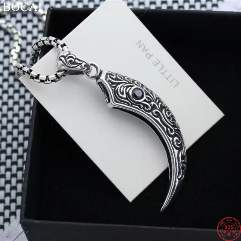 

BOCAI S925 Sterling Silver Pendants for Women Men Wolf Teeth Carving Totem Inlaid Obsidian Charm Fashion Jewelry Wholesale