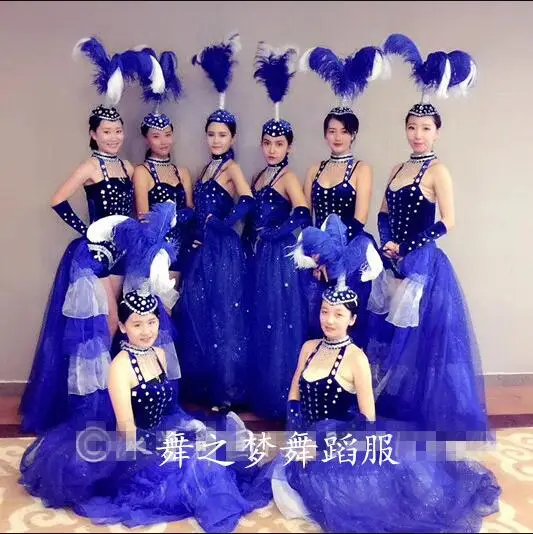 Blue Feather Dance Costume Spanish Flamenco Opening Performance Women Stage Shiny