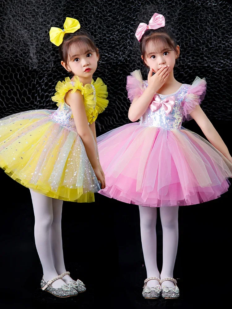 فستان الأميرة ساري منتفخ للأطفال مع الترتر ، زي كانتاتا لطيف ، ملابس الأداء المسرحي ، الرقص الحديث لرياض الأطفال