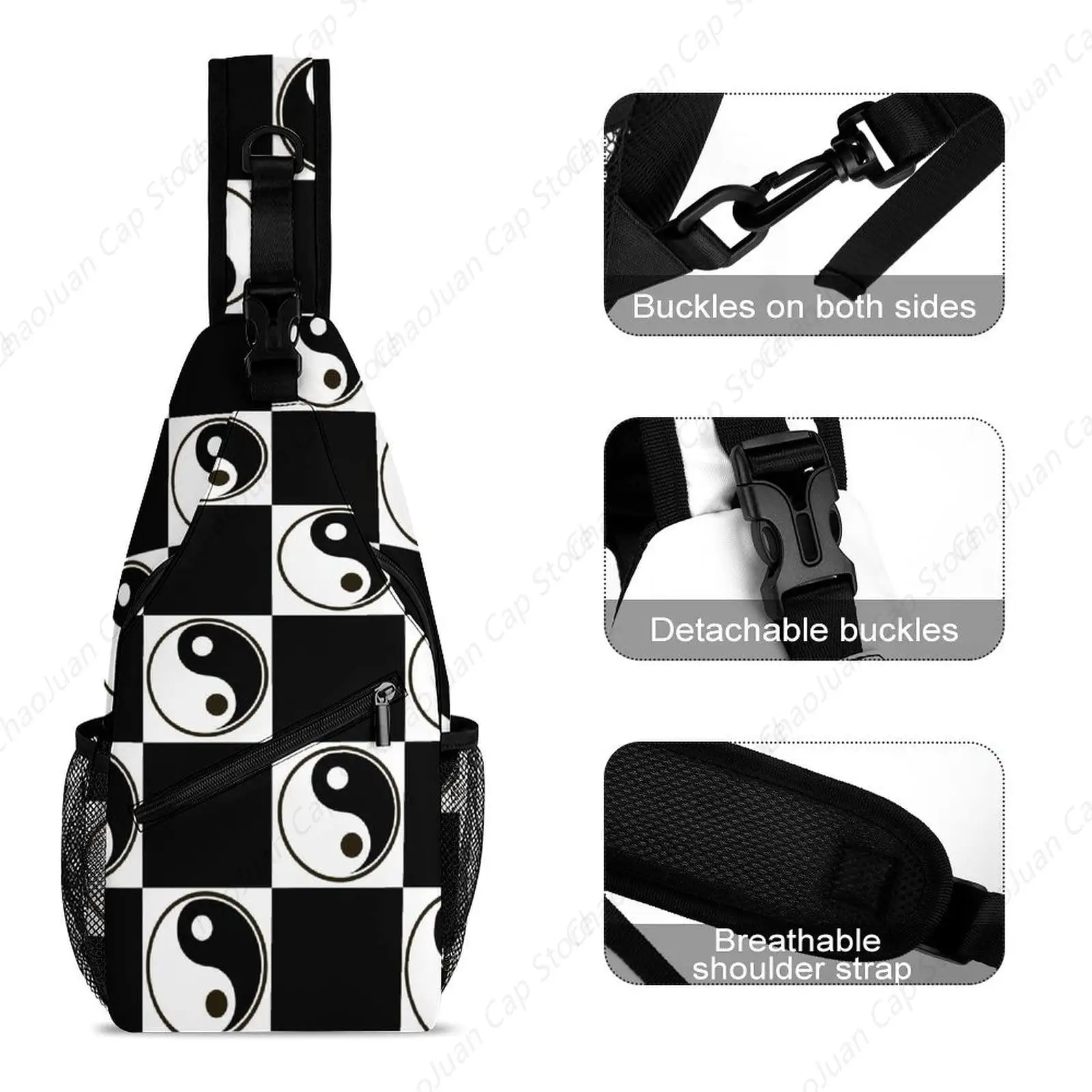 Bolso bandolera con símbolo de Yin Yang |   Mochila bandolera ajustable en blanco y negro |   Mochila informal ligera para viajes, senderismo