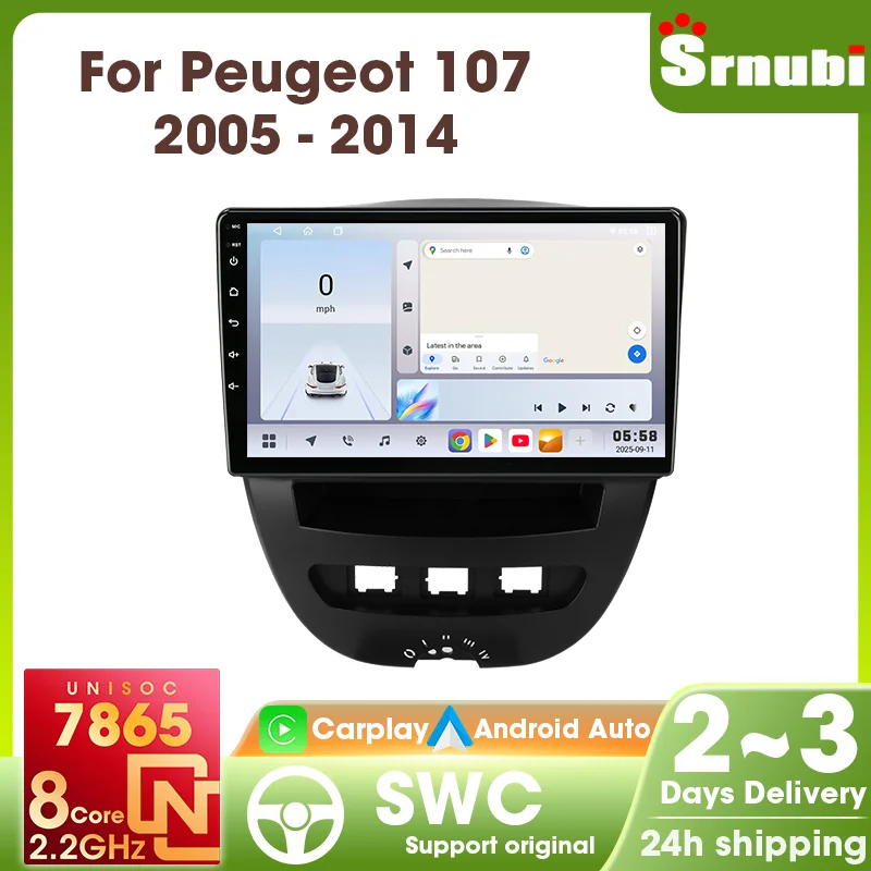 Autoradio Srnubi 2 Din UIS7865 pour Peugeot 107 Toyota Aygo Citroën C1 2005-2014, lecteur multimédia CarPlay et Android Auto, navigation GPS, DSP Audio, commande au volant, unité principale stéréo FM AM