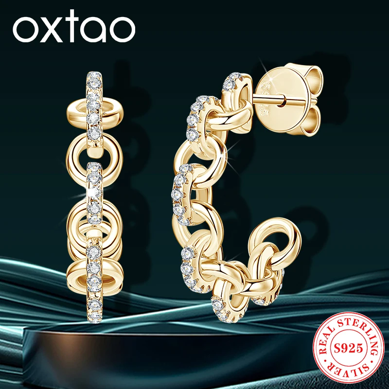 

OXTAO женские полуоткрытые серьги-цепочки для женщин, круглые серьги-гвоздики с муассанитом, модные украшения, посеребренные 925, белые 18 карат
