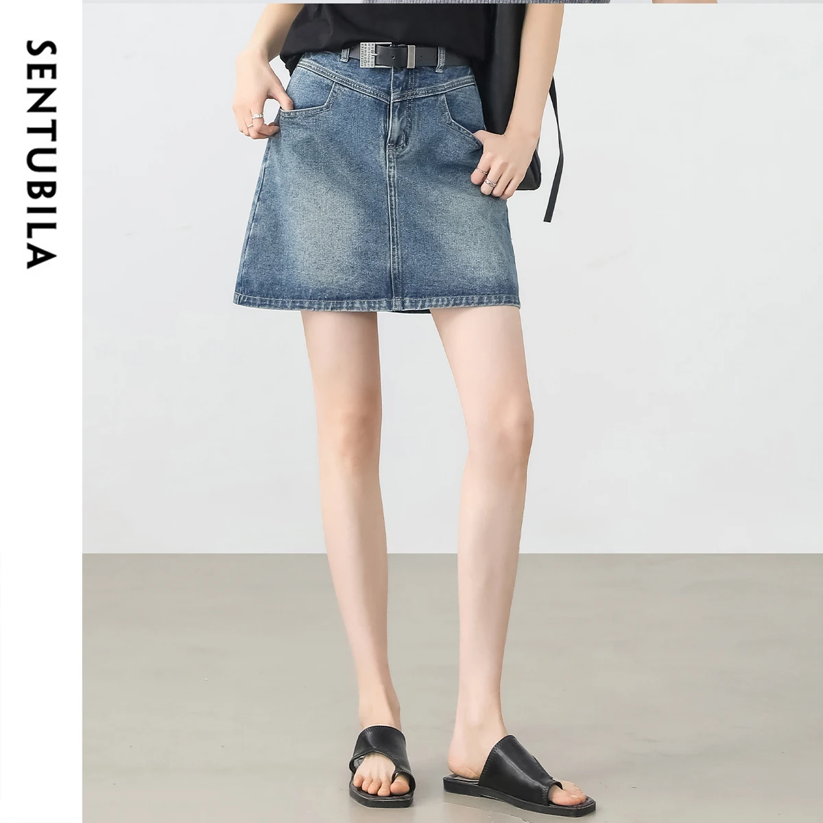 

SENTUBILA Denim Mini Skirt Women 2025 New Vintage Fashion Washed A-line High-waist Commute Solid Color Short Skirts W52Q59281